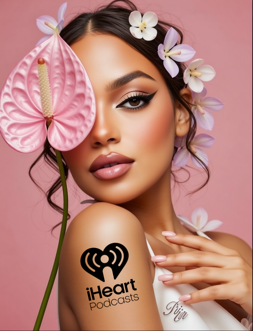 A woman with dark hair styled in loose curls, surrounded by pink and white flowers, holding a pink anthurium flower close to her face. She has bold eye makeup with a winged eyeliner, nude lips, and is wearing a white top. There is a black tattoo of a heart with radio signals on her upper arm, along with the text 'iHeart Podcasts'.