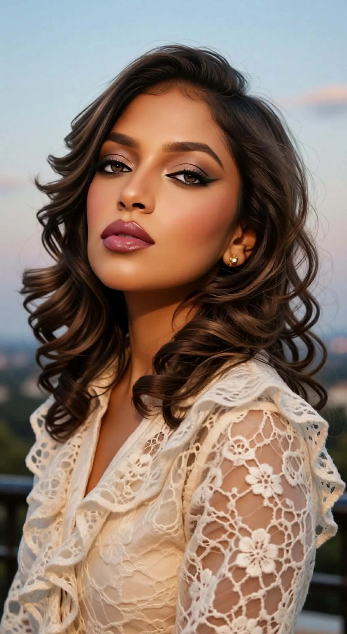 A woman with wavy brown hair, wearing a lace cream-colored top, posing outdoors during sunset with a blurred cityscape background.