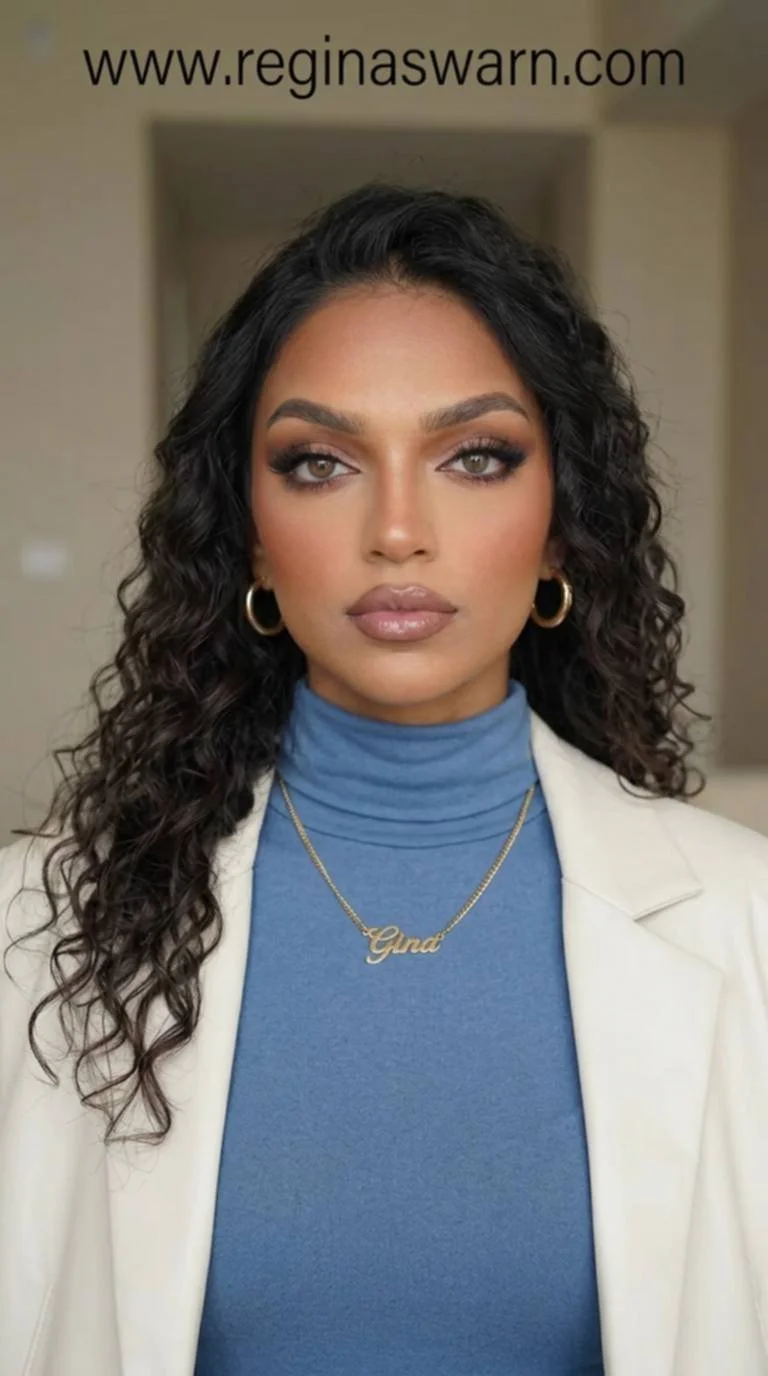 Portrait of a woman with long curly dark hair, wearing hoop earrings, a blue turtleneck, a white blazer, and a gold necklace with the name "Gina" on it.