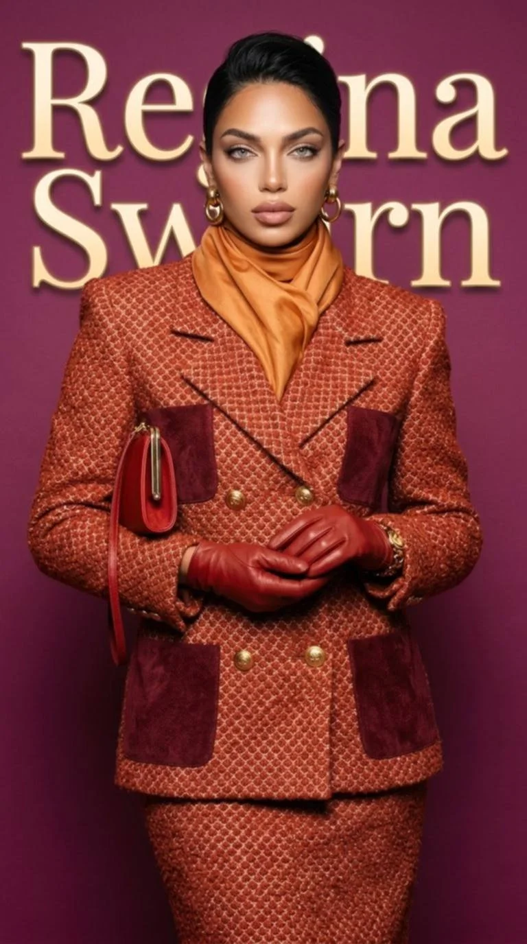 Woman with dark hair in a slicked-back style wearing a red and orange patterned suit, orange scarf, red gloves, gold jewelry, standing against a purple background with the text 'Reema S' in large letters.