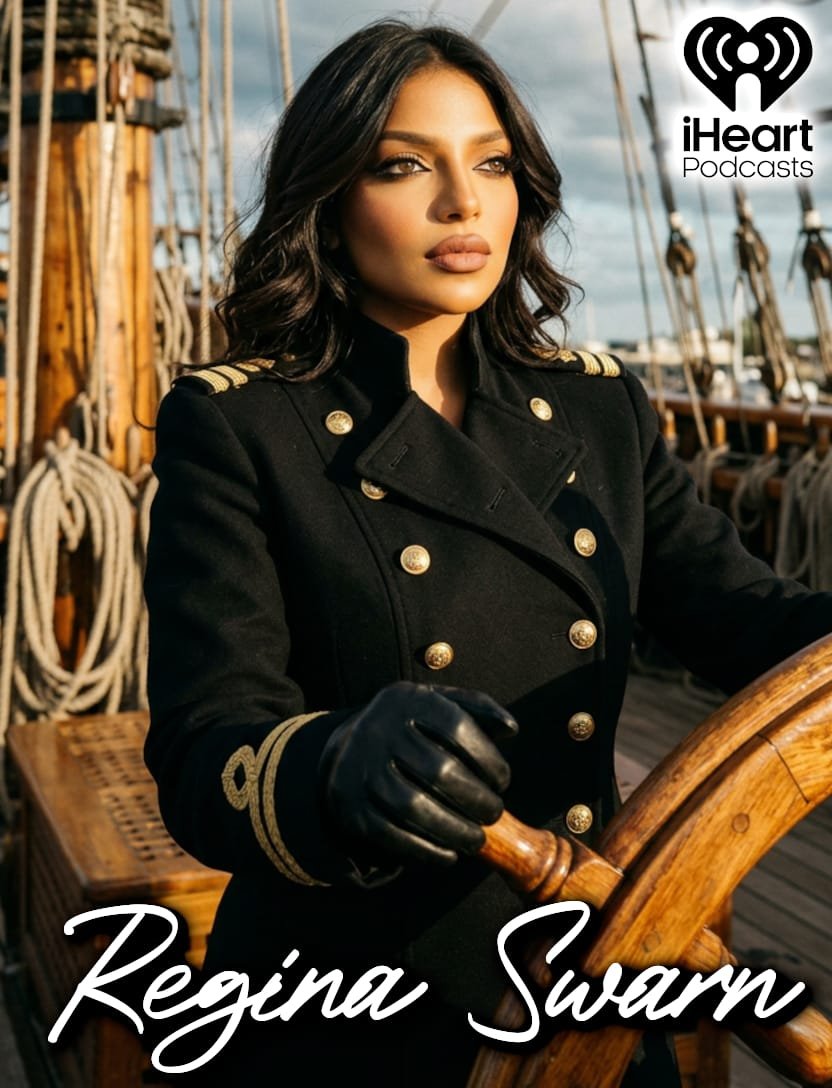 A woman with dark hair and makeup dressed as a ship captain or officer, holding a ship's wheel on a boat, with ropes and part of the ship visible in the background under a cloudy sky.