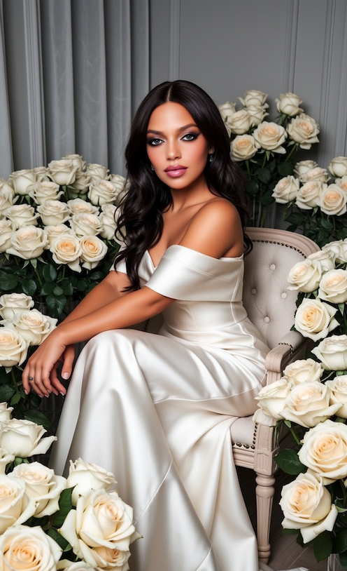 A woman with long dark hair and makeup, wearing a satin off-shoulder white dress, sitting on a beige chair surrounded by white roses in an elegant room.