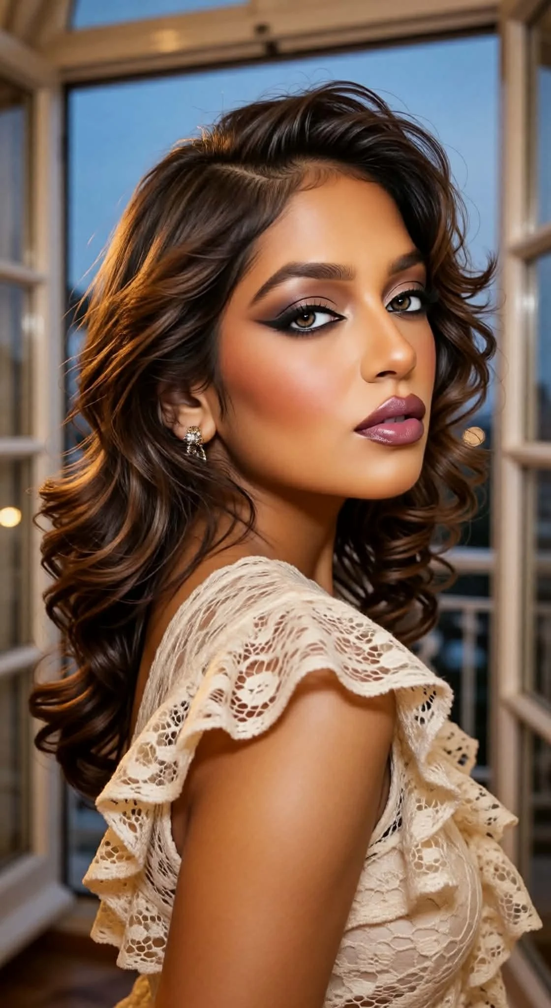 A woman with styled curly hair, wearing makeup, earrings, and a lace top, standing on a balcony with a city view in the background.
