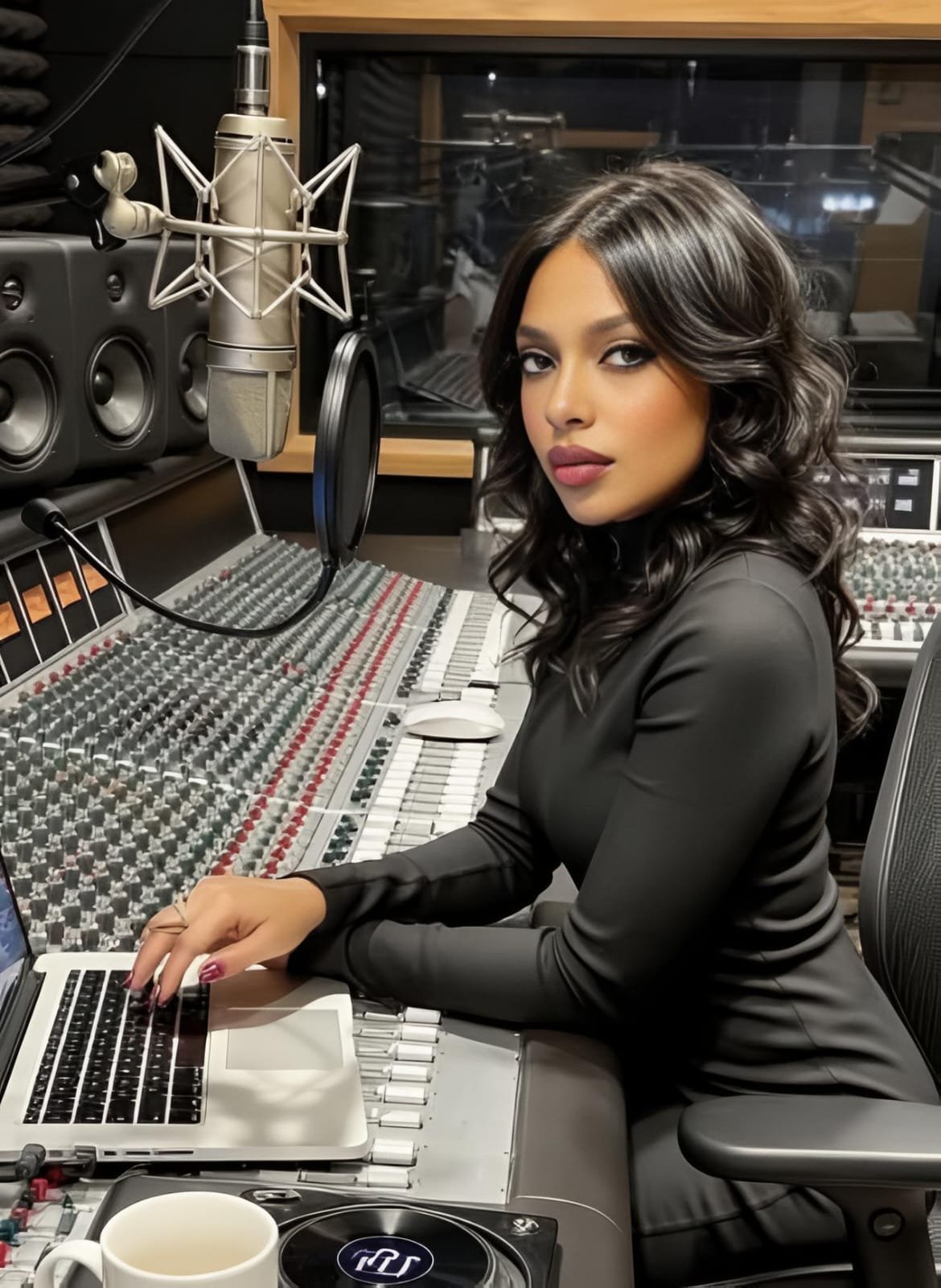 A woman with long, dark, curly hair and makeup sitting in a recording studio at a mixing console with a microphone and headphones nearby.