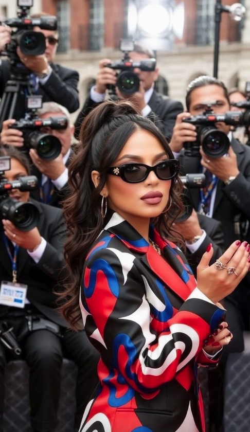 Woman with long wavy dark hair, wearing black sunglasses and a colorful patterned blazer, standing in front of a crowd of photographers taking pictures of her.