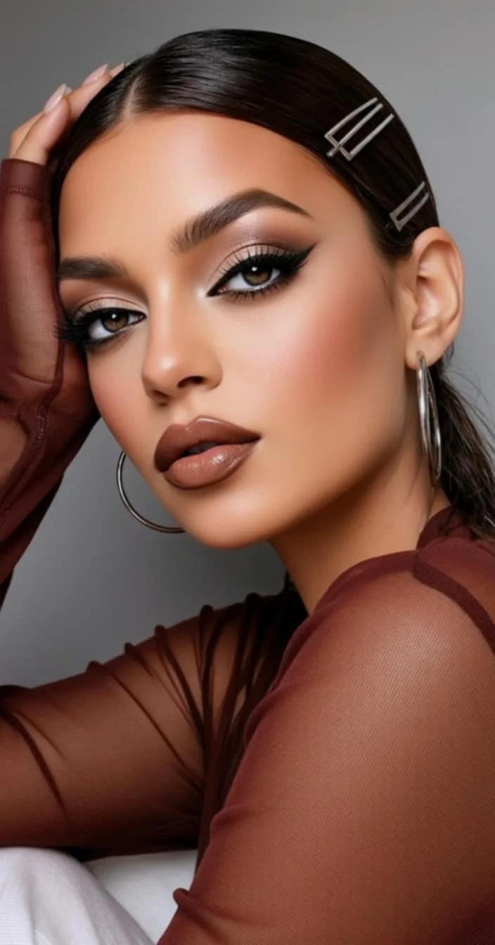 A woman with long dark hair, styled with hair clips, wearing large hoop earrings, makeup with winged eyeliner, nude lipstick, and a sheer brown top, posing against a gray background.