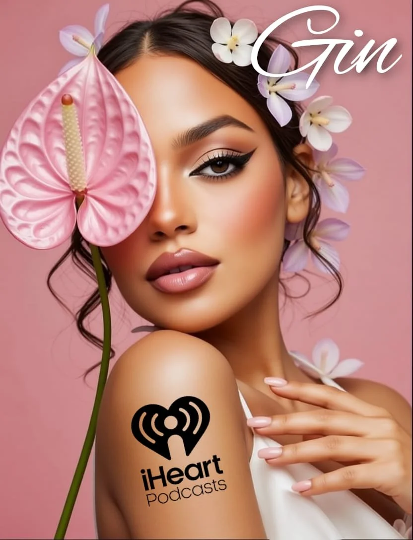 A woman with makeup and flowers in her hair holds her shoulder briefly, with a large pink anthurium flower covering her eye. The background is pink, and the word 'Gün' is in white cursive at the top right. An iHeart Podcasts logo and text are on her 