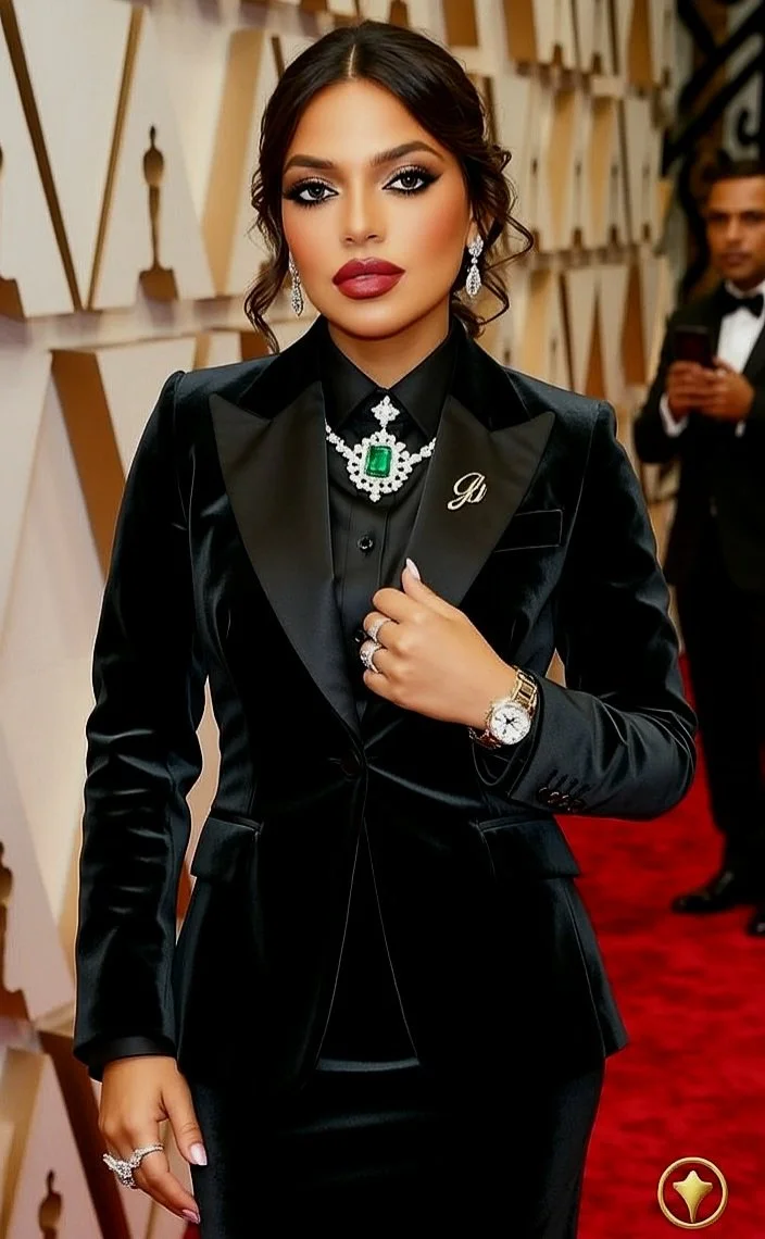 Woman in a black satin suit with jewelry, on a red carpet at an award event.