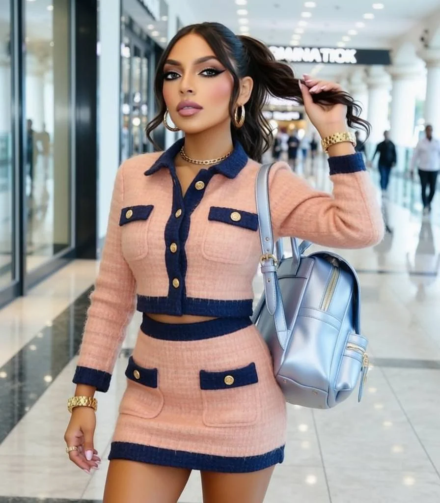A fashionable woman with dark hair and makeup, wearing a matching pink and navy outfit, holding her hair in a mall.