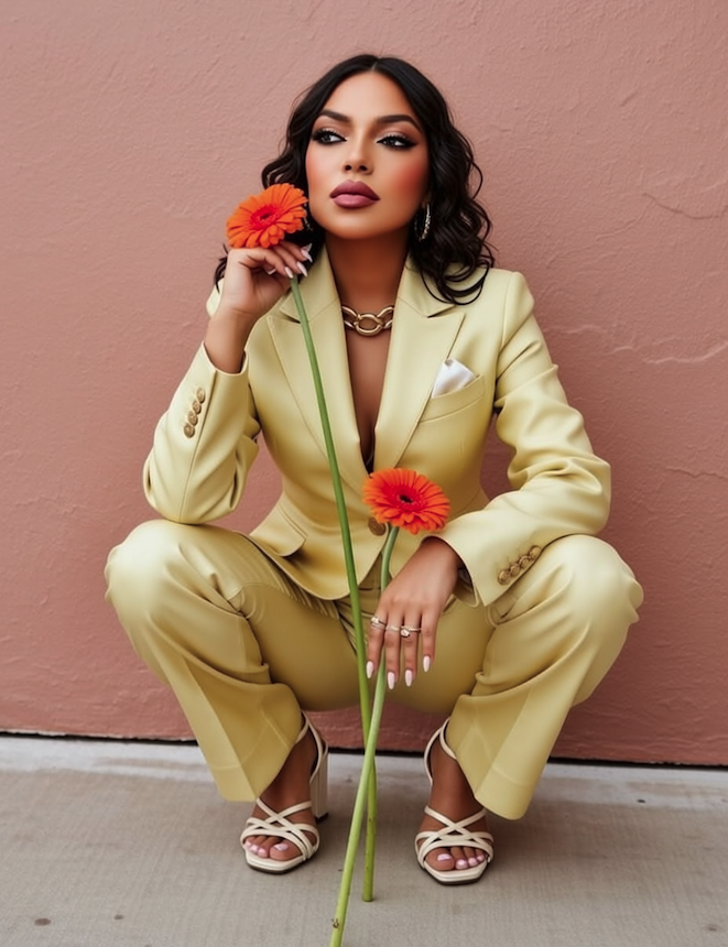 Woman in a yellow pantsuit crouching against a pink wall, holding orange flowers, with dark wavy hair, makeup, jewelry, and white high heels.