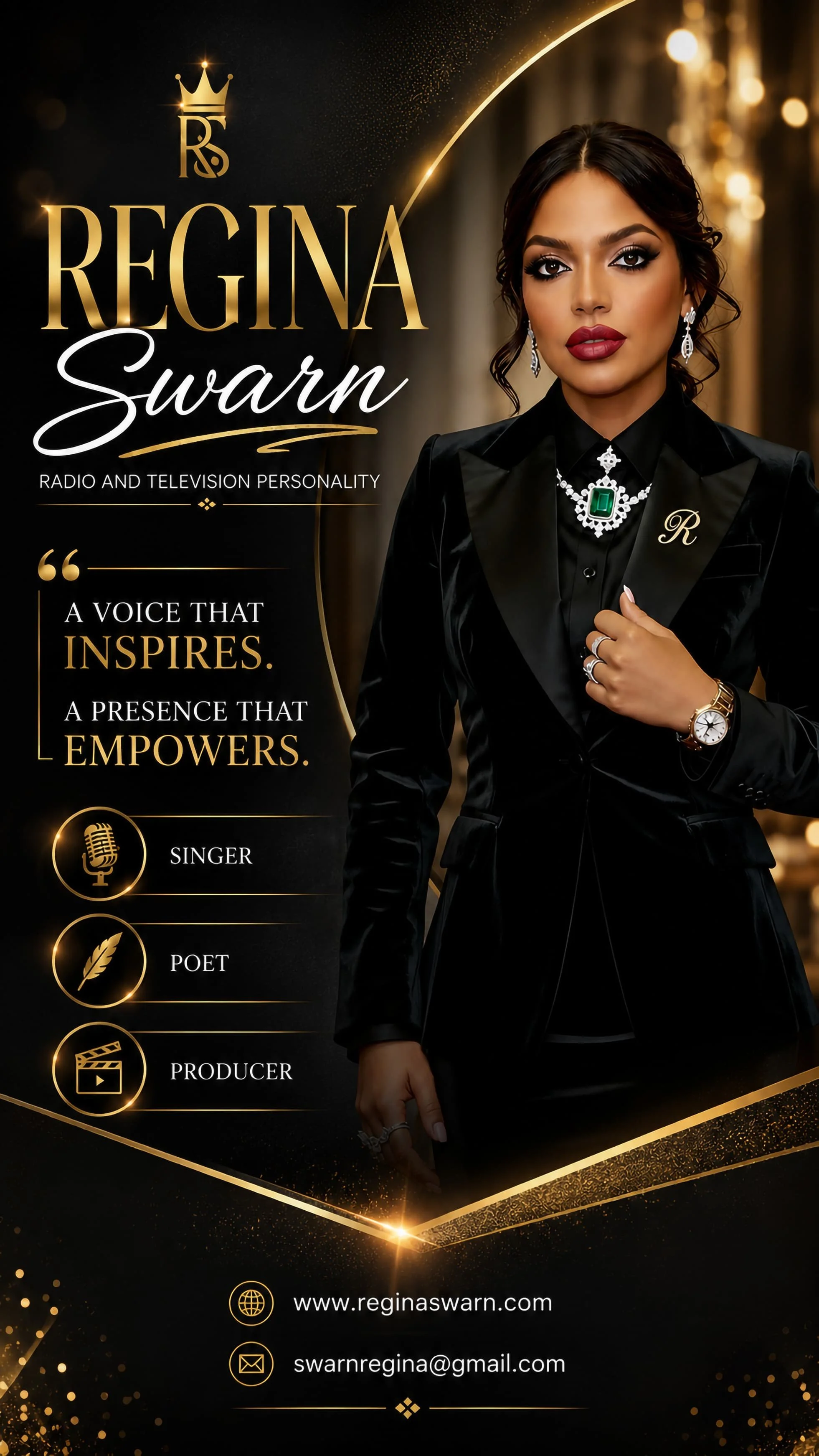 Promotional poster featuring Regina Swarn, a female singer, poet, and producer. She is dressed in a black blazer with jewelry, including a green pendant necklace and earrings. The poster has a black and gold color scheme with gold text and icons. The website www.reginaswarn.com and email swarnregina@gmail.com are displayed at the bottom.