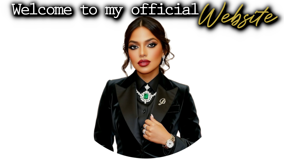 Woman with dark hair and bold makeup wearing a black blazer, jewelry, and a watch against a black background with the text 'Welcome to my official Website' in white and gold.