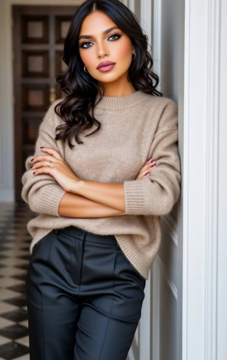 A woman with long wavy black hair, wearing a beige sweater and black pants, leaning against a white wall with her arms crossed.