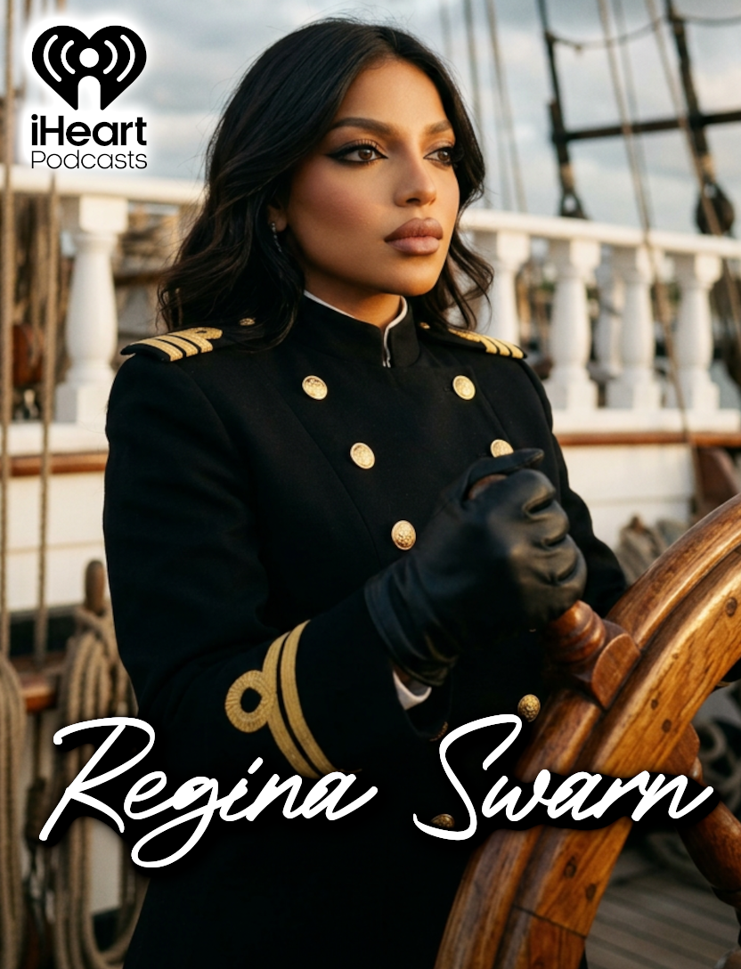 A woman dressed as a ship's captain, wearing a dark uniform with gold buttons and stripes, standing at the ship's helm with a serious expression, on a ship's deck with ropes and masts in the background.