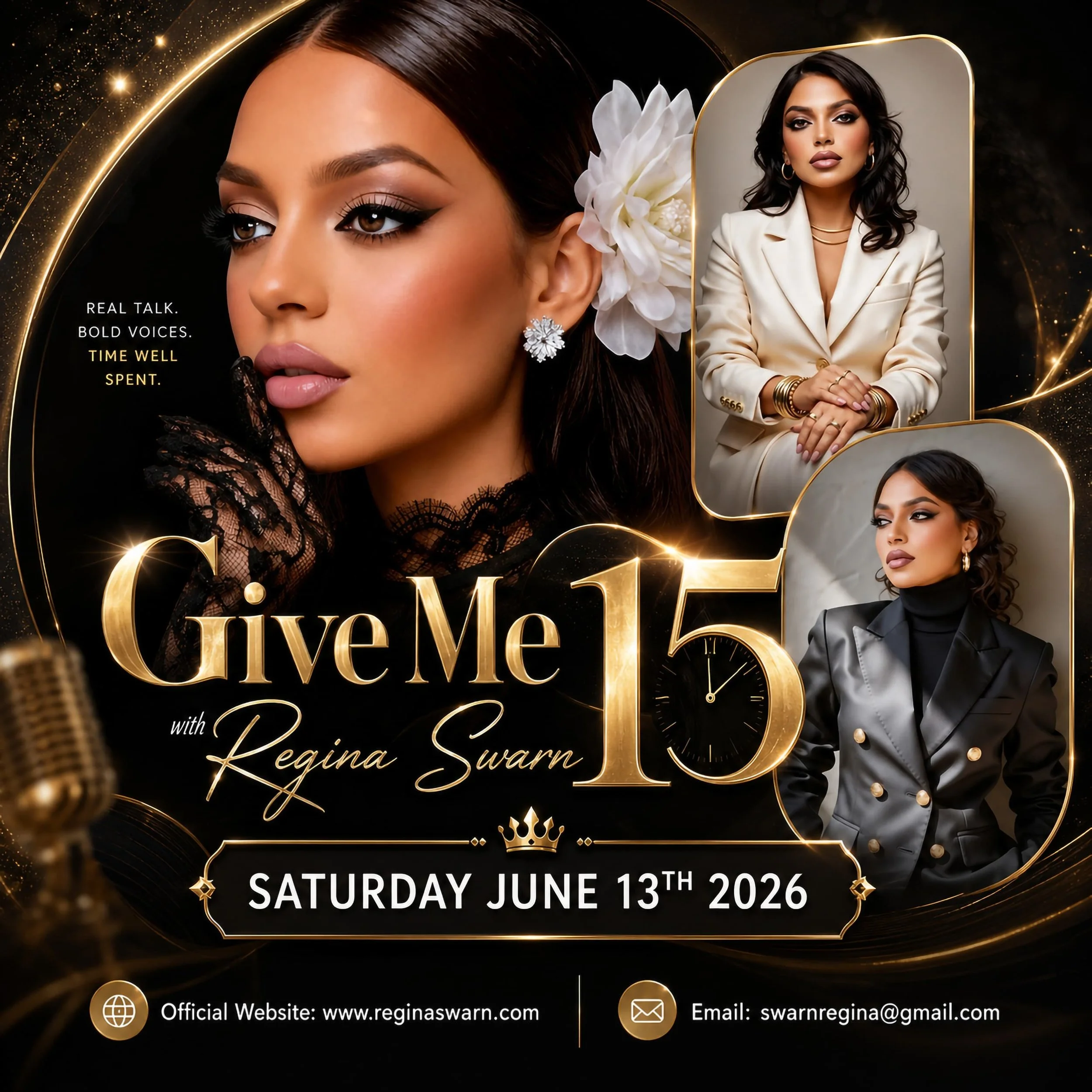Promotional graphic for a live event featuring Regina Swarn on June 13th, 2026. The design includes images of women with glamorous makeup and fashion, gold decorative elements, and event details in text.