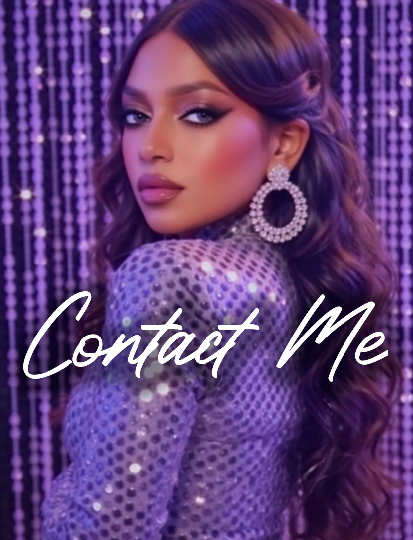 A woman with styled hair and makeup, wearing large sparkling earrings and a purple, sequined dress, standing in front of a purple beaded curtain. The words "Contact Me" are written across the image.