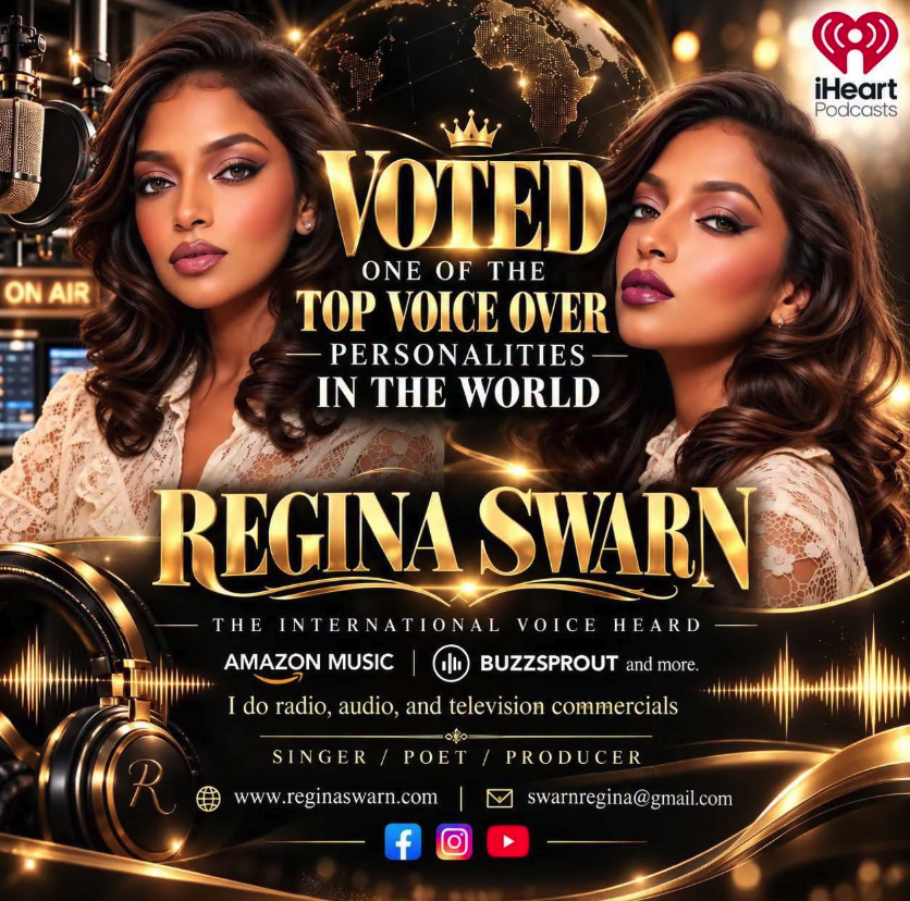 Promotional podcast and voiceover poster featuring Regina Swarn, labeled a top voiceover personality, with two portraits, studio microphone, globe, headphones, audio waveforms, and media platform logos.