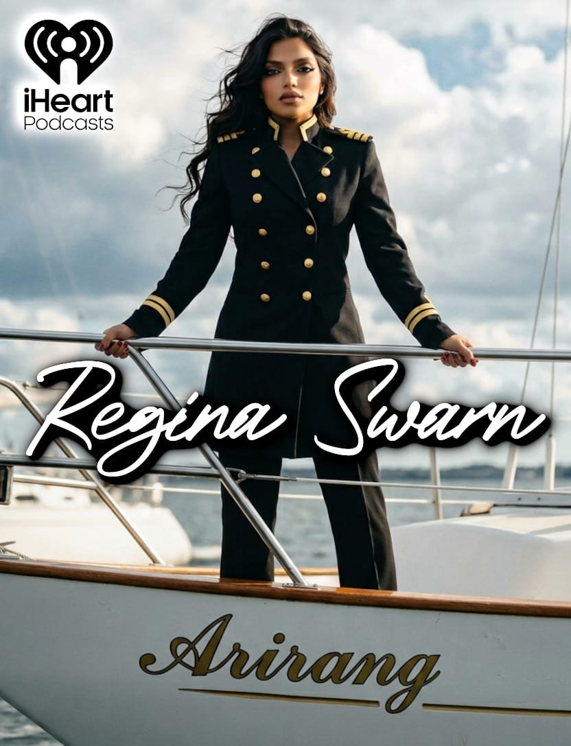 A woman in a navy blue military-style coat standing on a boat with a cloudy sky in the background, promotional podcast cover for 'Regina Swarn' by iHeart Podcasts.