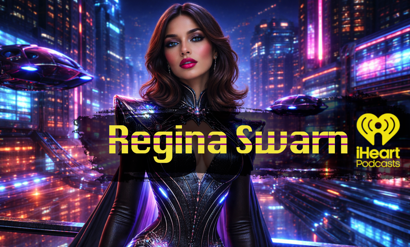 A woman in futuristic sci-fi attire with city lights and flying cars in the background, overlaid with yellow text reading 'Regina Swam' and the iHeart Podcasts logo.
