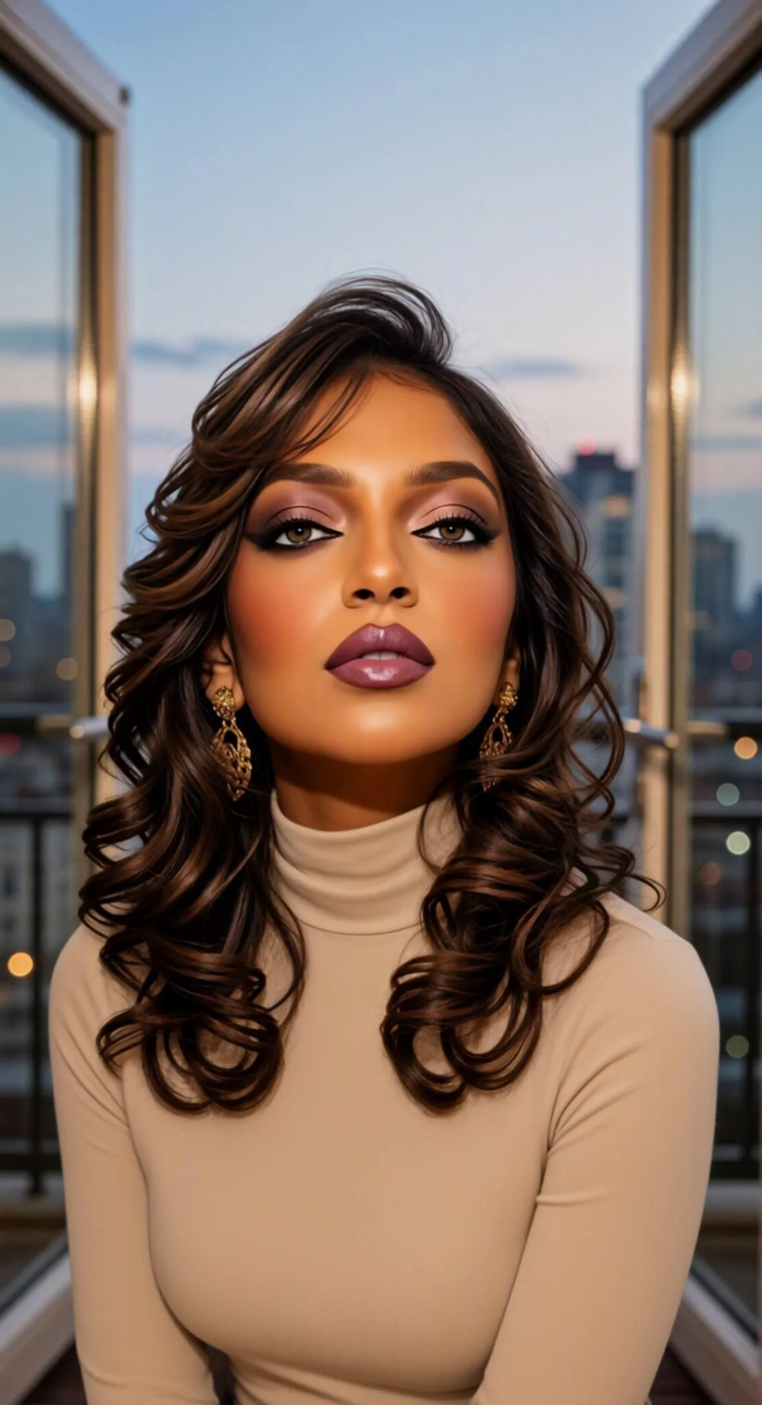 A woman with long, curly brown hair and gold earrings, wearing a beige turtleneck, standing in front of a large window with a cityscape background at dusk.
