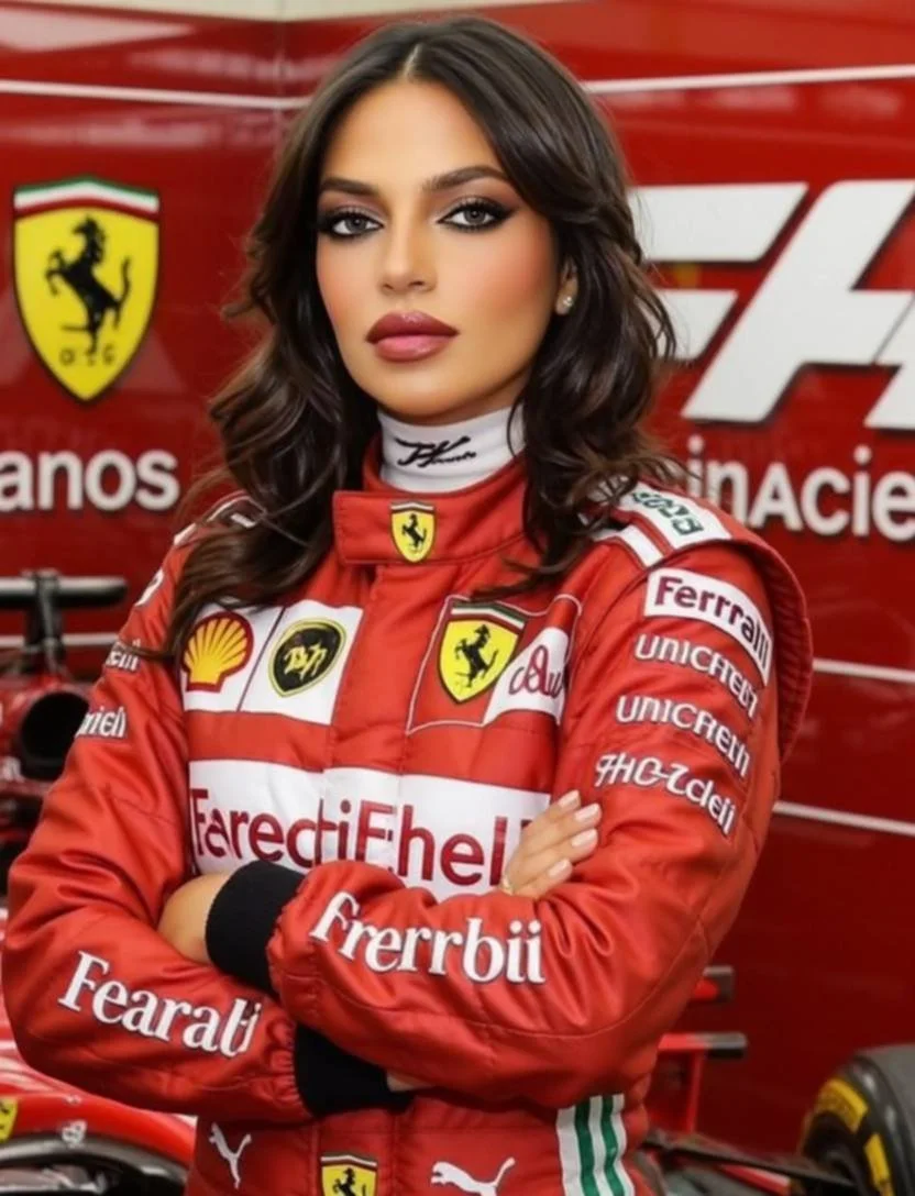 A woman in a red Ferrari racing suit with various sponsor logos, standing in front of a racing garage backdrop with Ferrari and sponsor decals.