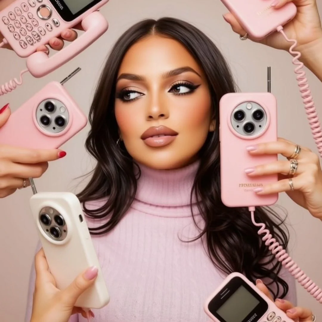 A woman with dark hair, makeup, and a pink turtleneck taking a selfie with multiple pink and white cell phones using a vintage style.