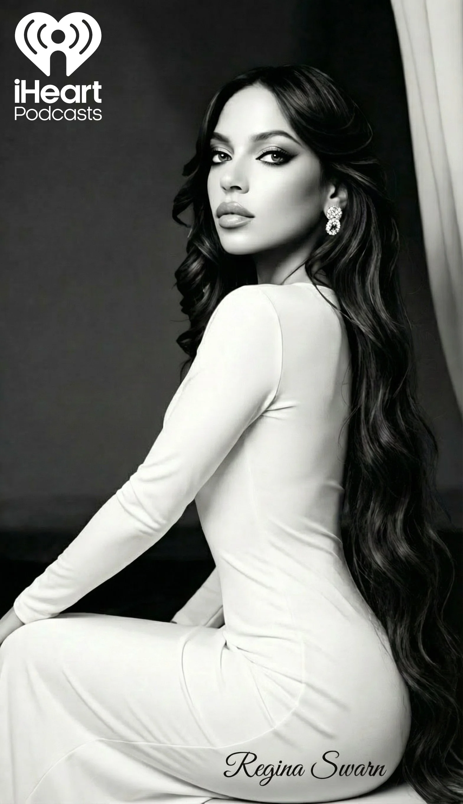 Black and white photo of Regina Swarn in a white dress, sitting and looking at the camera, with long wavy hair, earrings, and a dramatic makeup look. IHeart Podcasts logo is in the top left corner.