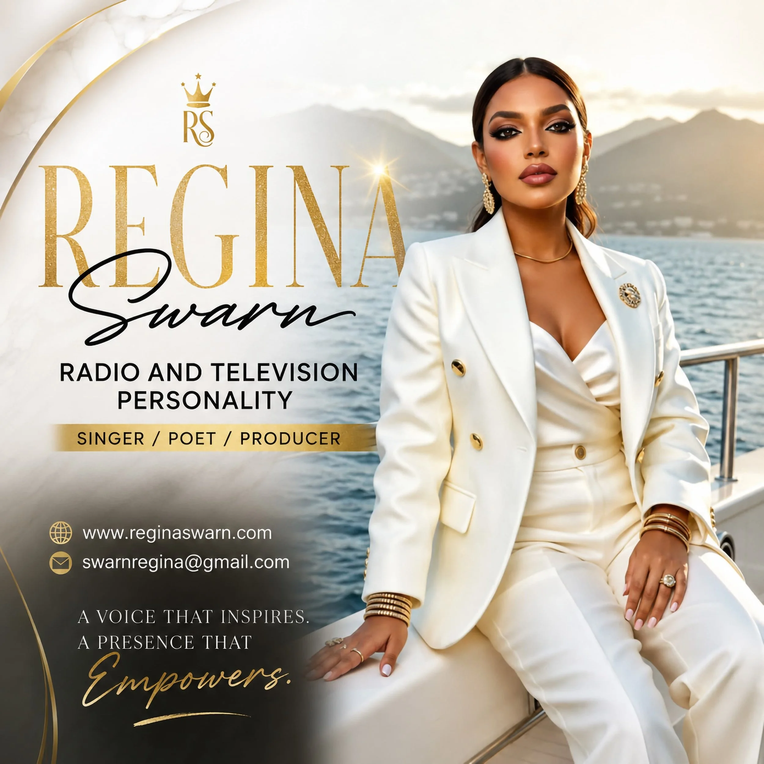 A woman in white with gold jewelry standing on a boat with water and mountains in the background, promoting Regina Swarn Radio and Television.