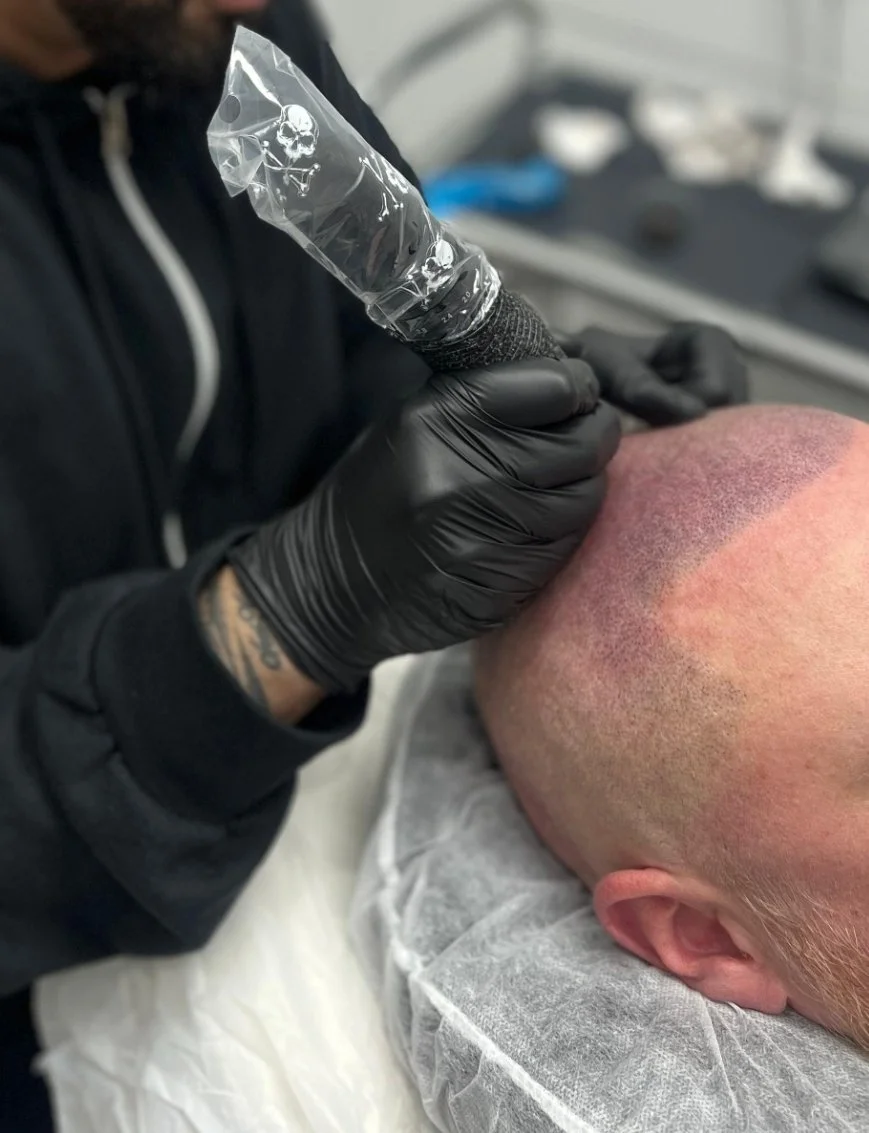 Person with tattoo on wrist receiving a tattoo of a skull and crossbones on their head from a tattoo artist wearing black gloves.