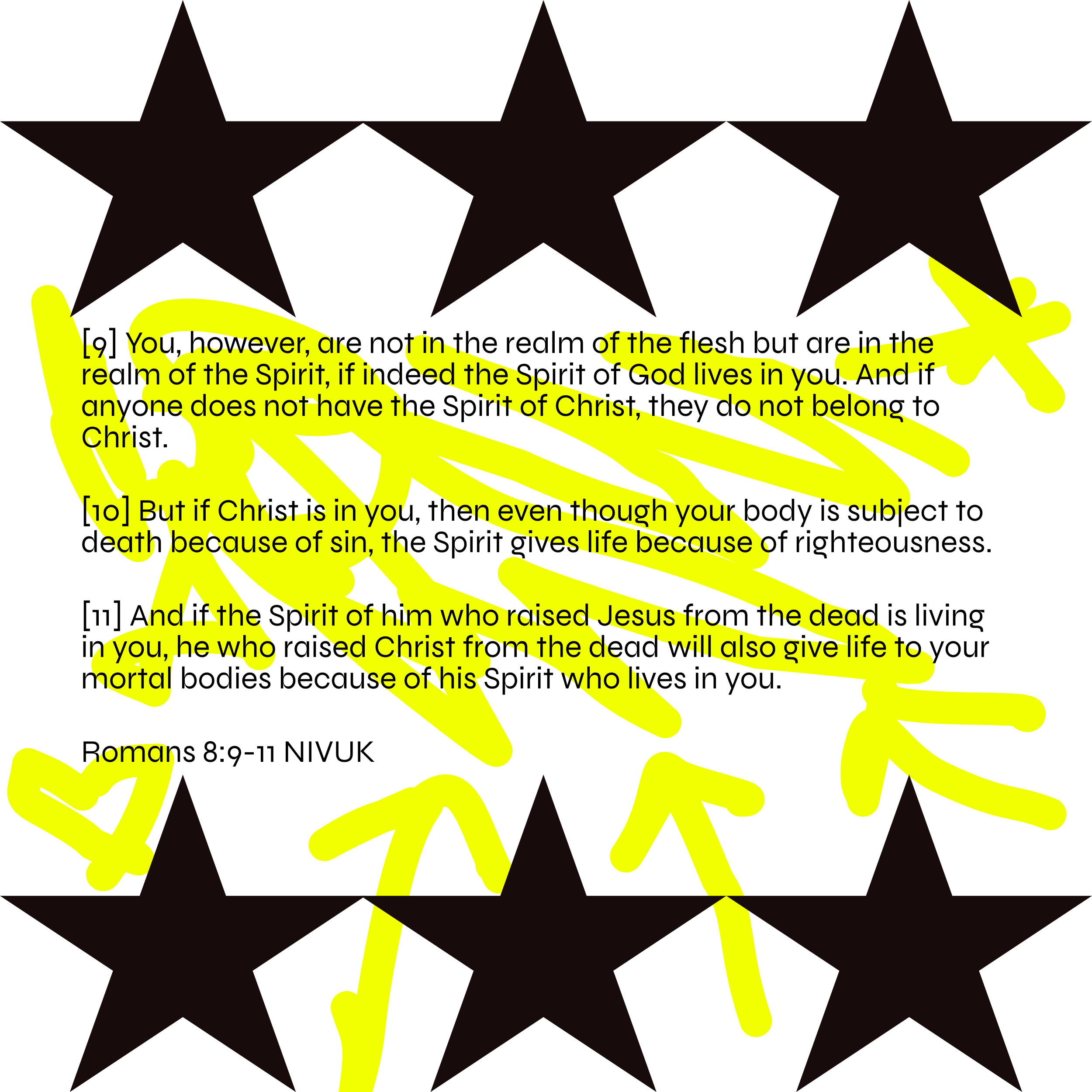 Text-based image with words from the Bible,  Romans chapter 8, highlighted with yellow and surrounded by 6 black stars.