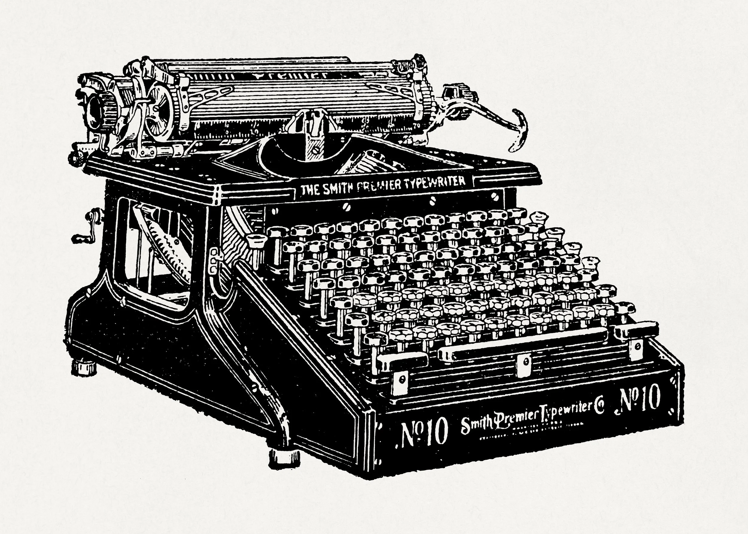 Drawing of the Smith Premier typewriter, originally invented by Alexander Brown at the L. C. Smith Gun Co. around 1889