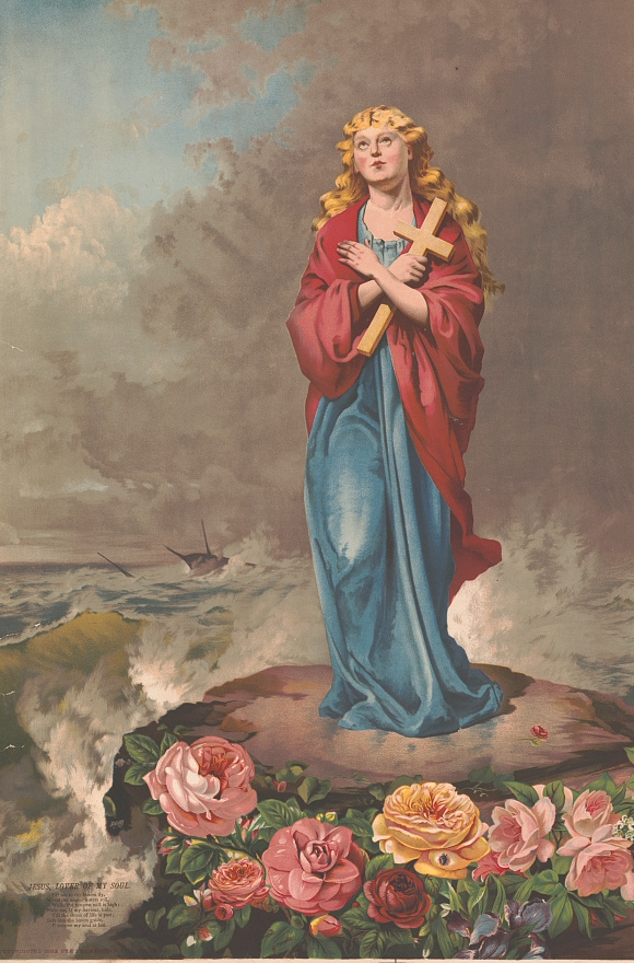 Jesus Lover of My Soul Woman holding a cross, looking towards heaven. She is on a rock in a stormy sea and has flowers at her feet.