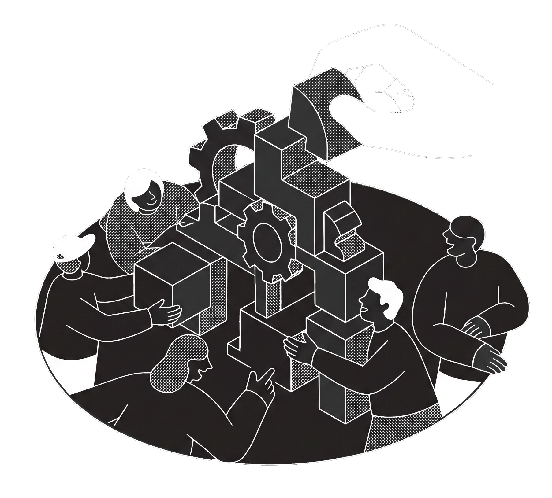 Illustration of people assembling interconnected gears and blocks