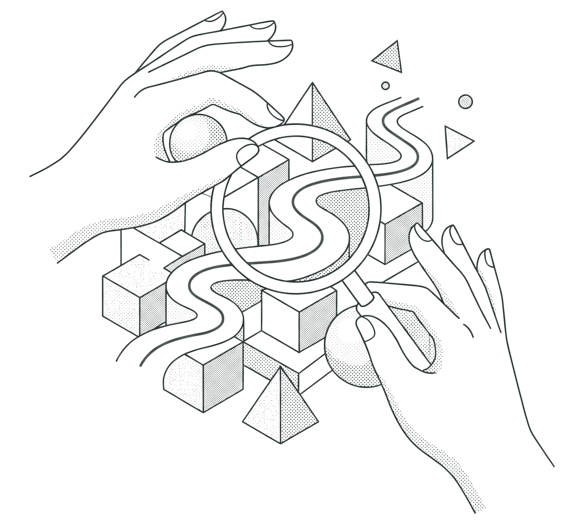 Illustration of a hand examining geometric shapes with a magnifying glass