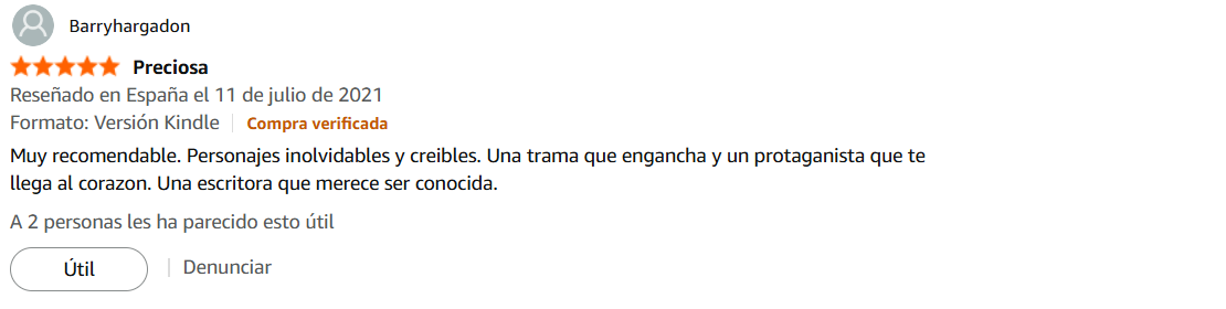 Reseña de una persona llamada Barryhargadon en Amazon, valorando un libro con cinco estrellas, recomendándolo, y describiendo que tiene personajes memorables y creíbles, con una trama emocionante y una escritora talentosa.