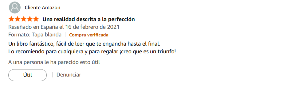 Reseña de un cliente de Amazon sobre un libro. Muestra estrellas, título, detalles de compra, descripción y botones de útil y denunciar.