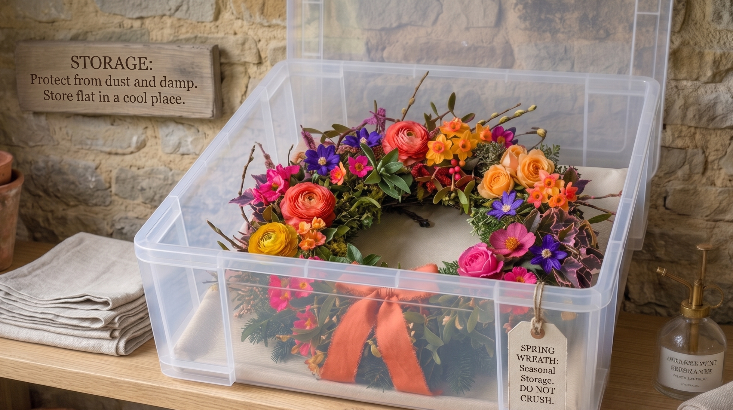 A floral spring wreath inside a clear plastic storage box on a wooden table, with a beige brick wall background and a wooden sign with storage instructions in the background.