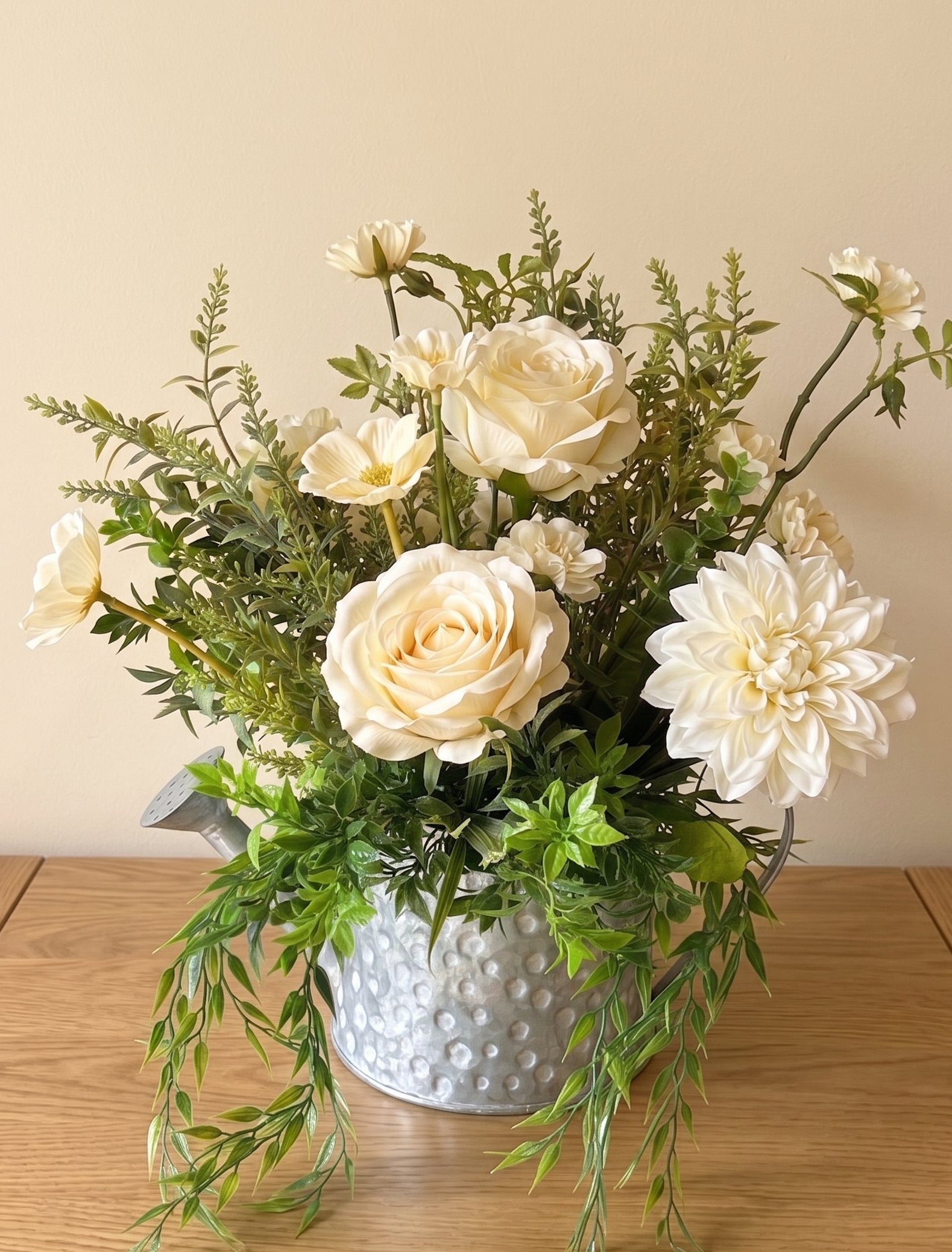 White Rose & Dahlia Arrangement in Galvanised Watering Can