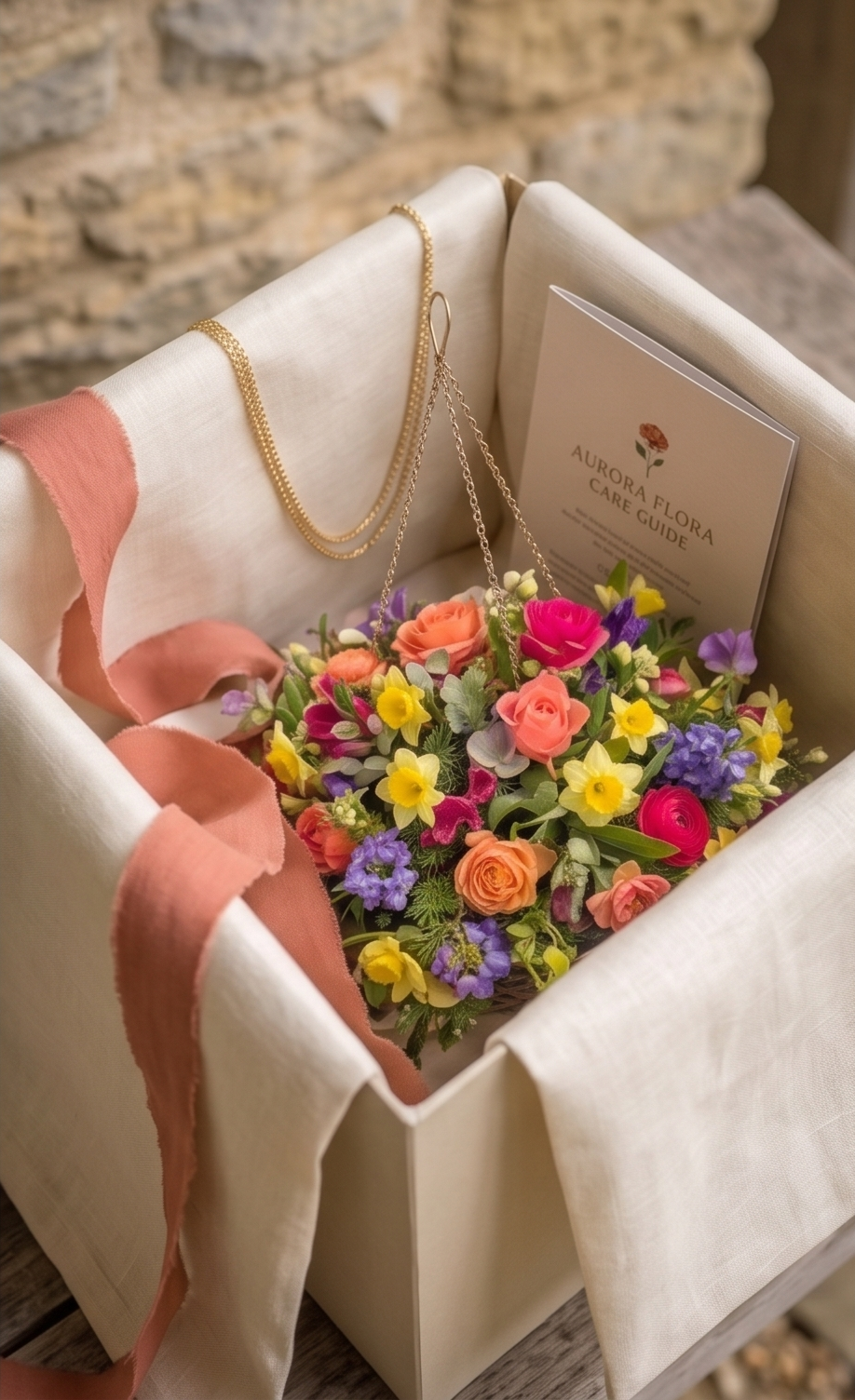 A white gift box with a pink ribbon, containing a bouquet of colorful flowers, a gold necklace, a care guide pamphlet, and a white paper with a flower illustration.