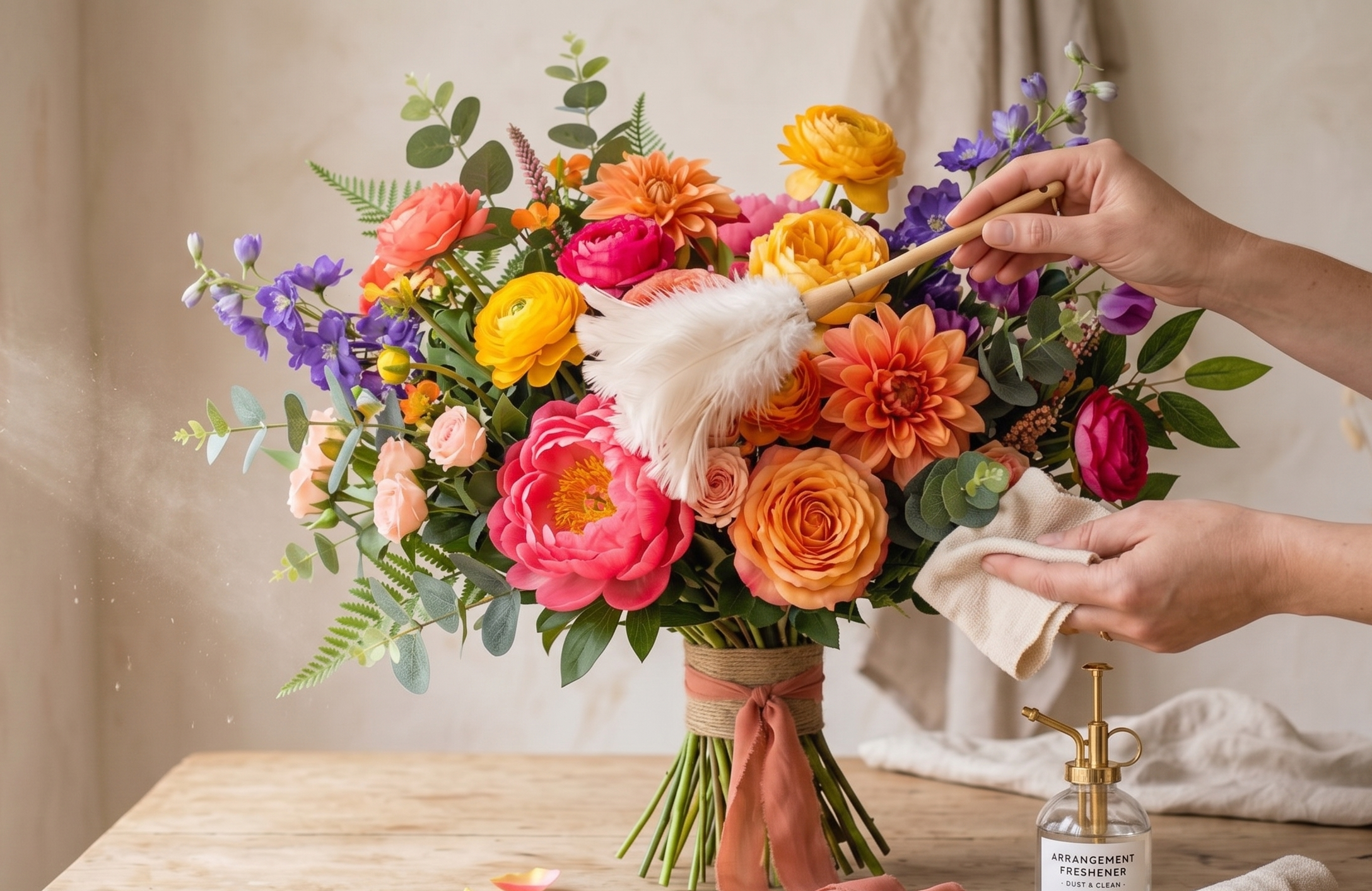 A person is arranging a vibrant bouquet of pink, yellow, orange, and purple flowers, holding a feathered dusting tool in one hand and a cloth in the other, with a perfume spray bottle on a light-colored wooden table nearby.