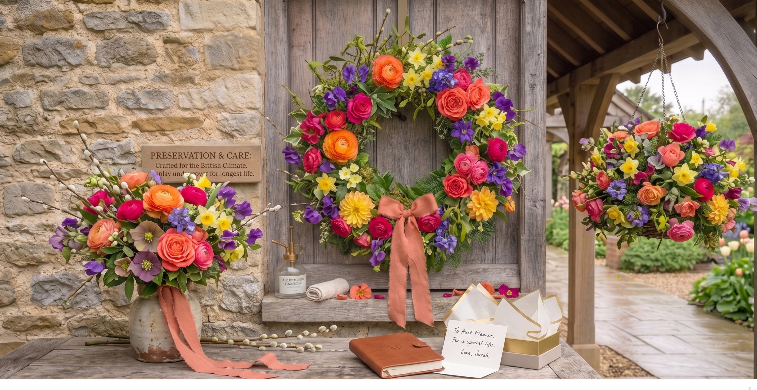 A floral wreath with pink, orange, yellow, purple, and white flowers hanging on a wooden wall, with additional floral arrangements on a table below. The scene appears to be outdoors with a building or garden in the background.