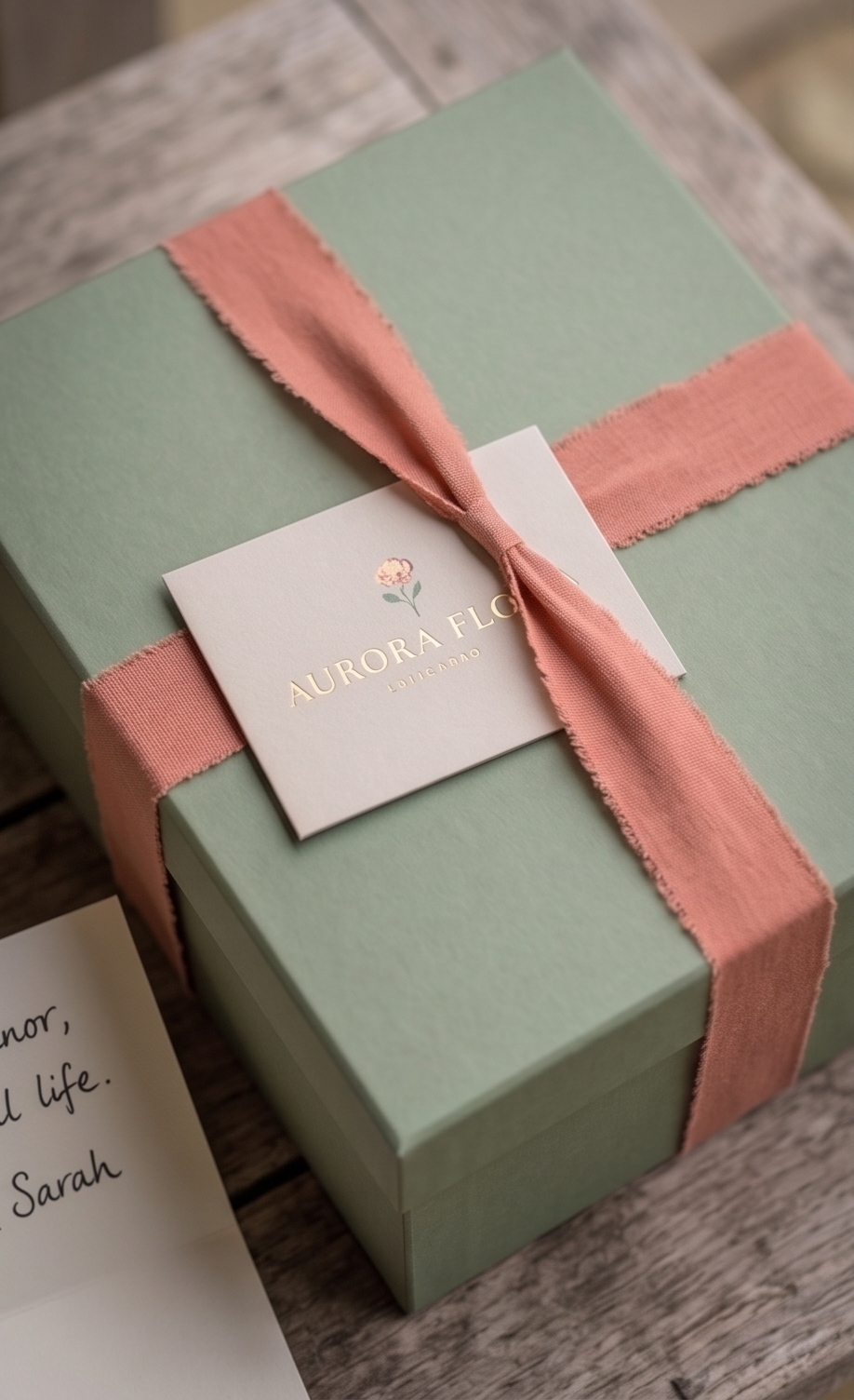 A pastel green gift box wrapped with a pink ribbon, with a white tag displaying a pink flower and the text 'Aurora Flower London' on a wooden surface.