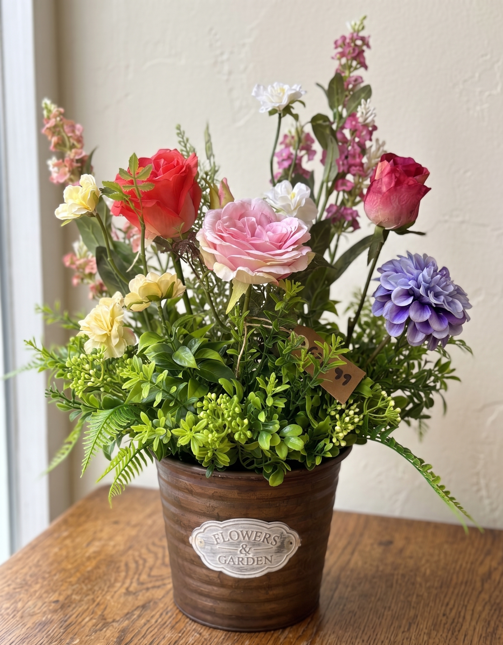 Cottage Garden Floral Arrangement in Rustic Pot