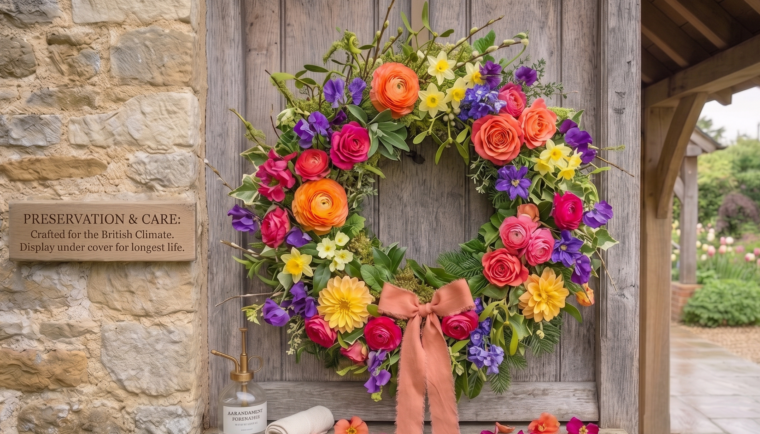 A decorative floral wreath with multicolored flowers including orange roses, purple irises, yellow daffodils, and pink peonies, displayed on a wooden wall outside a building. A small sign indicates preservation and care of the display. There is also a glass bottle with a label, a towel, and some scattered flowers at the base of the display.