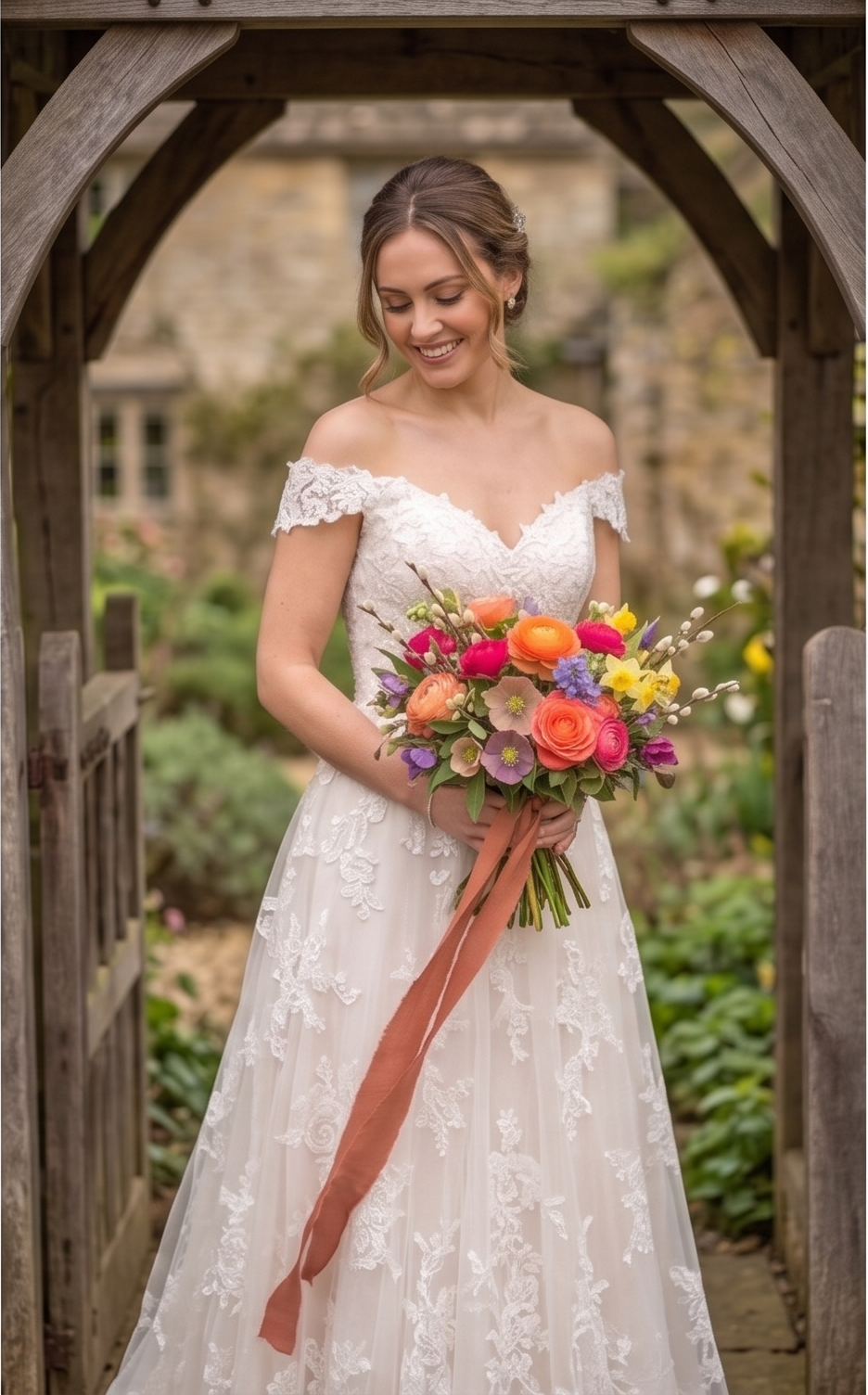 A bride in a lace wedding dress holding a colorful bouquet, standing under a wooden structure in a garden.