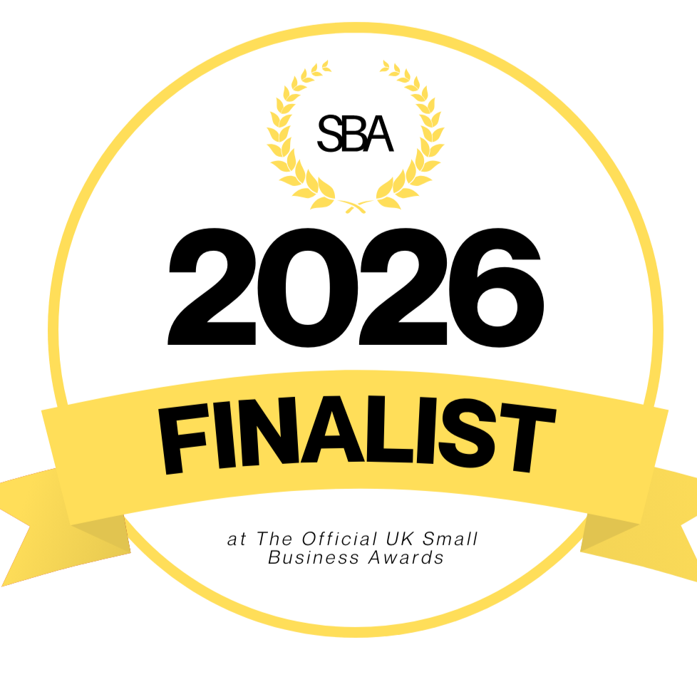 Gold and black badge for the 2026 UK Small Business Awards highlighting a finalist.