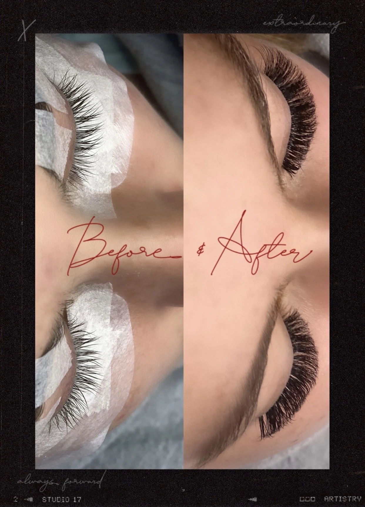 Side-by-side comparison of a person's eyelash before and after eyelash extension application, with the 'before' showing natural lashes and the 'after' showing full, thick eyelash extensions.