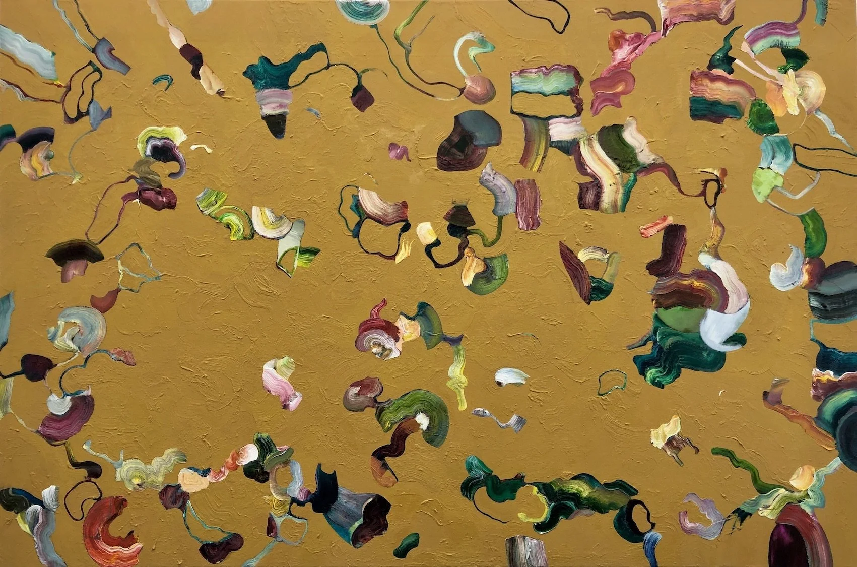 Abstract painting with multicolored swirling brushstrokes on a mustard yellow background.