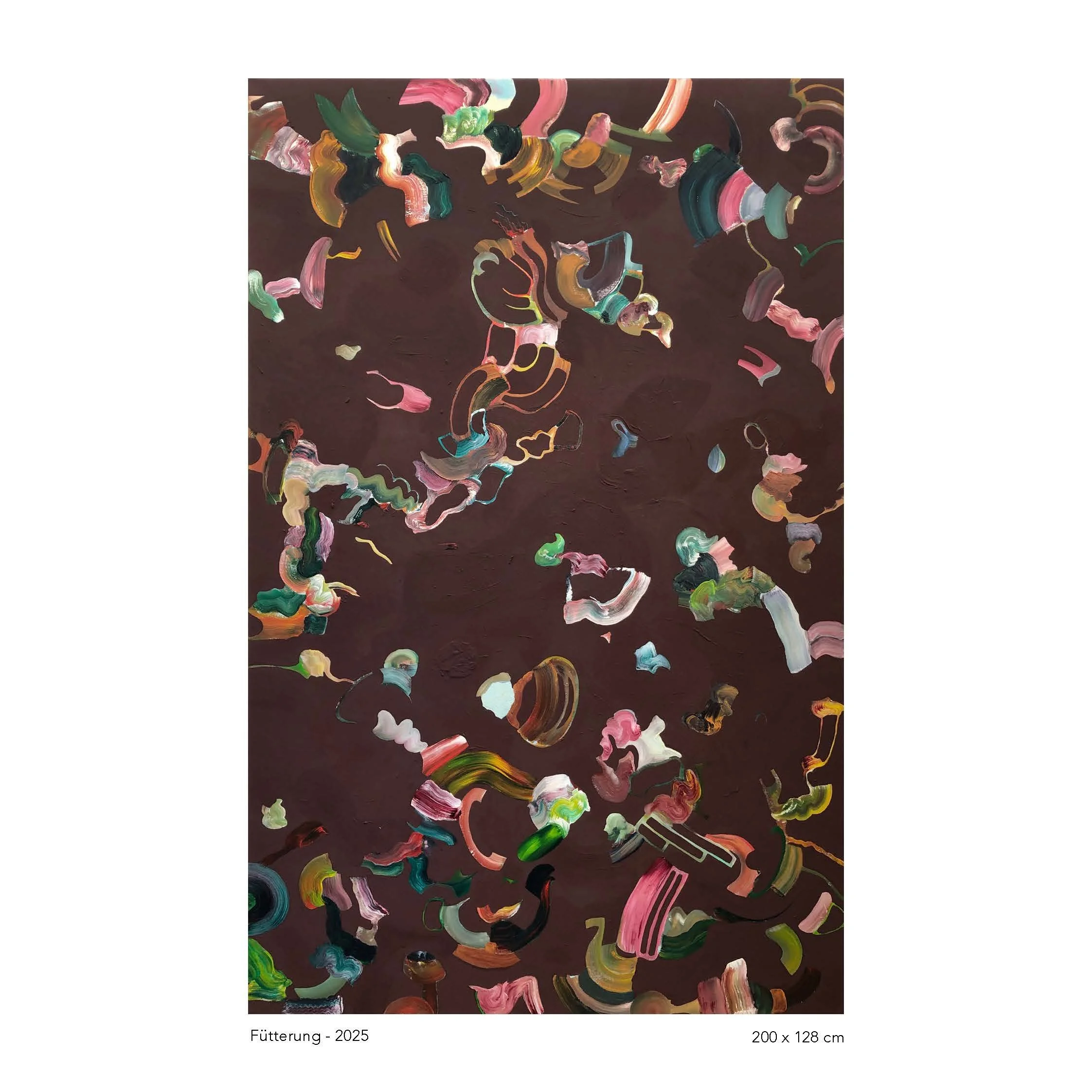 Abstract painting with multicolored brushstrokes on a dark background.