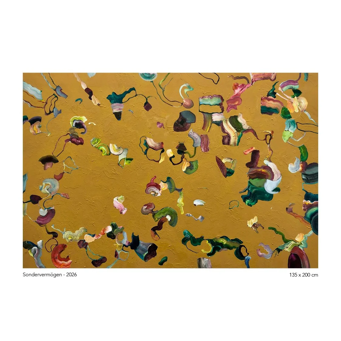 Abstract painting with multicolored, swirling brushstrokes on a mustard yellow background, titled 'Sondervermögen 2026' and measuring 135 by 200 centimeters.